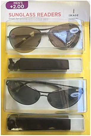 Image Readers Mens 2 Pack Trendy Frame Reading Sunglasses Glasses Block Out Ray UV and Gamma w/ +2.00 Magnification Viewing Pleasure Black Brown W/ Carry Pouch Driving Outdoor Safe Curved Lens