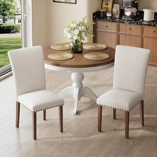 Image of COLAMY Upholstered Parsons Dining Chairs Set of 2, Fabric Dining Room Kitchen Side Chair with Nailhead Trim and Wood Legs - Beige