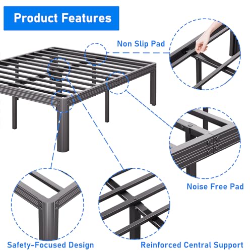 King-Bed-Frames-18-Inch-High-Bedframe-No-Box-Spring-Needed-Heavy-Duty-Steel-Slats-Platform-Mattress-Base-4500lbs-Weight-Capacity-Reinforced-Metal-Frame-Noise-Free-Easy-Assembly-Black King Bed Frames 18 Inch High Bedframe No Box Spring Needed Heavy Duty Steel Slats Platform Mattress Base 4500lbs Weight Capacity Reinforced Metal Frame Noise Free Easy Assembly Black