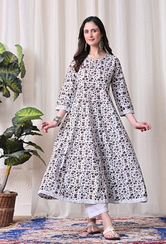 Image of MEERA FAB Women's Cotton Printed Anarkali Kurta with Palazzo & Dupatta Set