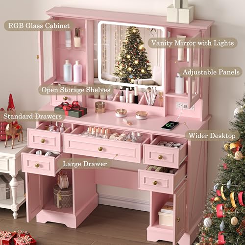 Image of Makeup Vanity Desk with Mirror and Lights, Farmhouse Vanity Table Set with 6 Drawer&Charging Station, Makeup Table with RGB Cabinets, Pink Vanity with Lighted Mirror for Girls Women, 3 Light Modes