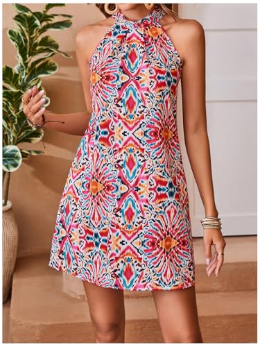 Image of Floerns Women's Sleeveless Floral Print Sundress Halter Neck A Line Short Dress