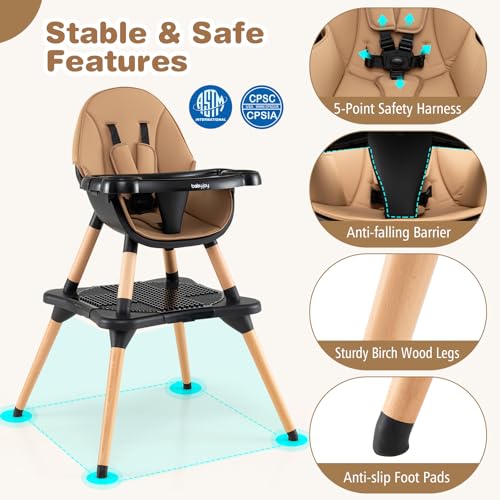 Image of BABY JOY 6 in 1 High Chair, Convertible High Chairs for Babies and Toddlers /Booster Seat /Table and Chair Set, Infant Wooden Highchair w / 5-Point Harness, 4-Position Removable Tray & PU Cushion, Coffee