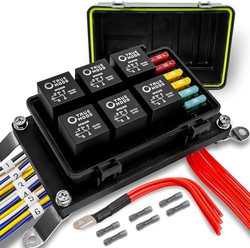 12V Auto Waterproof Fuse Relay Box Block Kit w/ 12AWG + 16AWG Pre-Wired Harness [6 Bosch Style Relays & 10 Fuses Included] Universal Relay Panel for DC Automotive Vehicles Cars Marine Boat Jeep