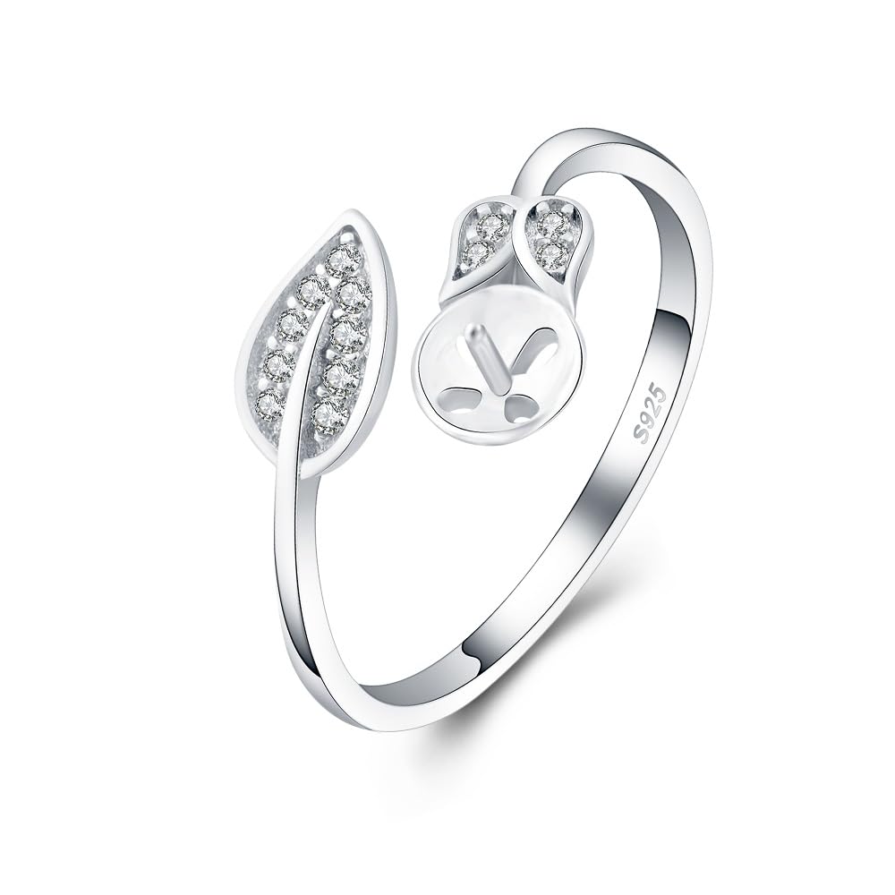 LGSY Sterling Silver CZ Leaf Design Adjustable Rings for Women, Design Ring Mounts Fittings with Pearl Seat for DIY Jewelry Making