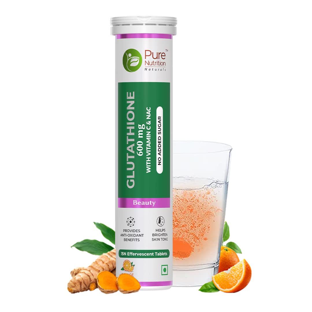 Pure Nutrition L-Glutathione 600mg 15 Effervescent Tablets for Skin Whitening | With Vitamin C & Saffron | Anti-Aging Antioxidants for Glowing Skin Brightening, Detox & Immunity | Orange Flavour