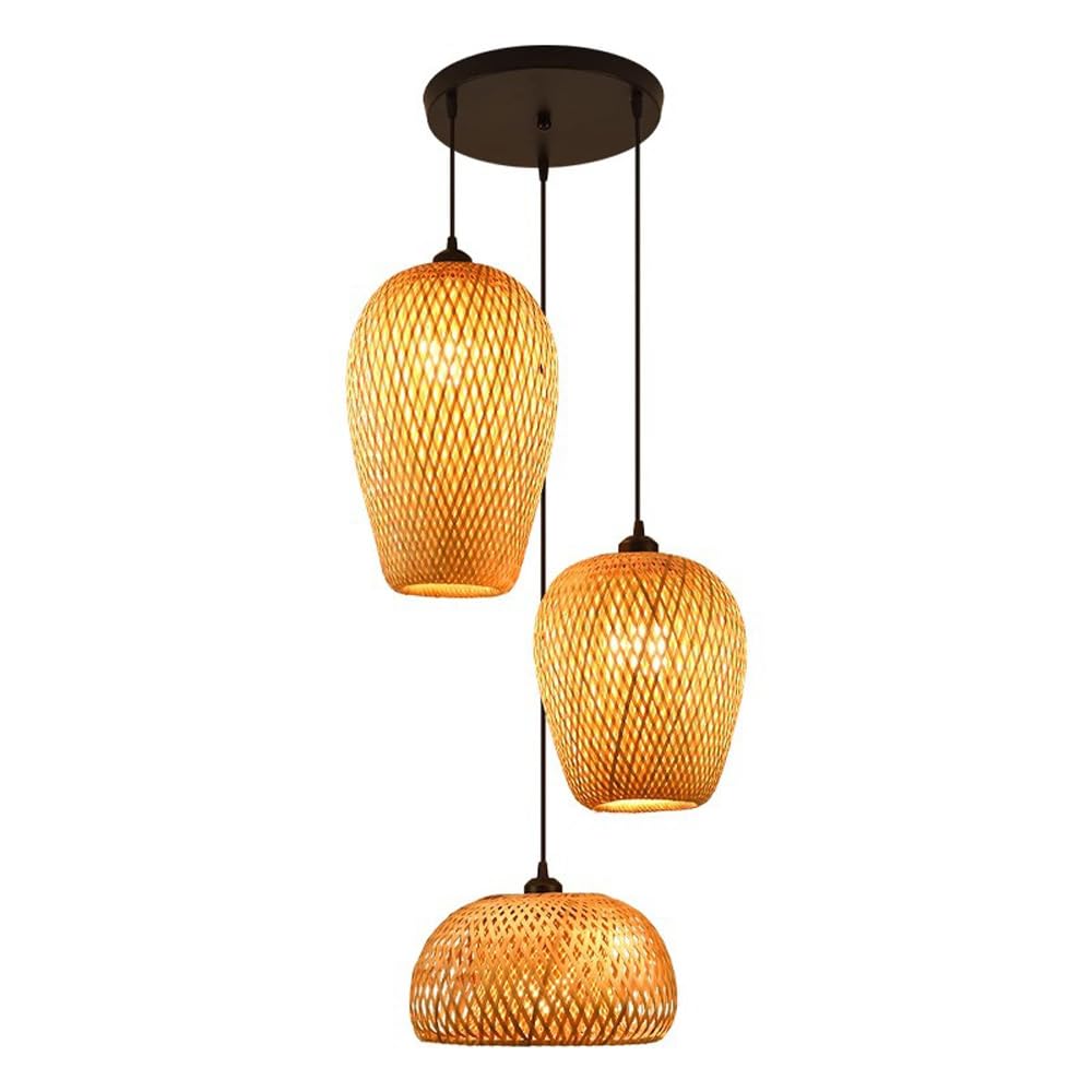 HXYSXHJUO 3-Light Bamboo Hanging Light Fixtures, Retro Rustic Wicker Chandelier Ceiling Lmap for Living Room Bedroom Farmhouse Restaurant Cafe Teahouse Bar Dining Club