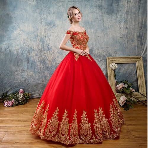 Asulla Gold Appliques Off The Shoulder Quinceanera Dress Tulle Puffy Ball Gown Long Homecoming Prom Evening Dress2