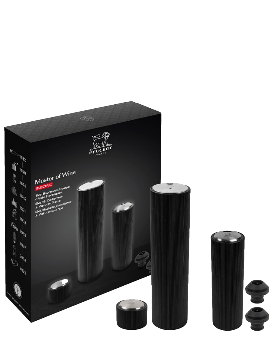 PEUGEOT - Geschenkset Korkenzieher Line Reverse + Vakuumpumpe Preserve - Elektrisch, 100% automatisch - Lange Akkulaufzeit - Schnelle Aufladung - Geschenkidee für Weinliebhaber - Mattschwarz