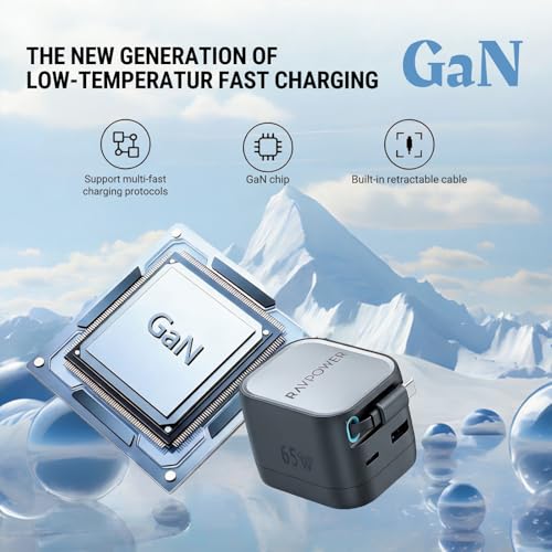 Image of RAVPower 65W GaN PD Fast Charger with Retractable Type-C Cable | 3-Port Wall Adapter (2 USB-C + 1 USB-A) | Foldable Pin Travel Charger for iPhone, Samsung, iPad, MacBook,Type C Laptop