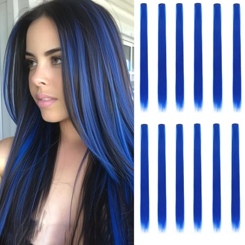 GZVIS 12 Pcs Crystal Blue hair extensions 22 Inch Straight colored hair colorful clip in extensions Highlight Party for Kids Girls and Women Gift(Crystal Blue 33)