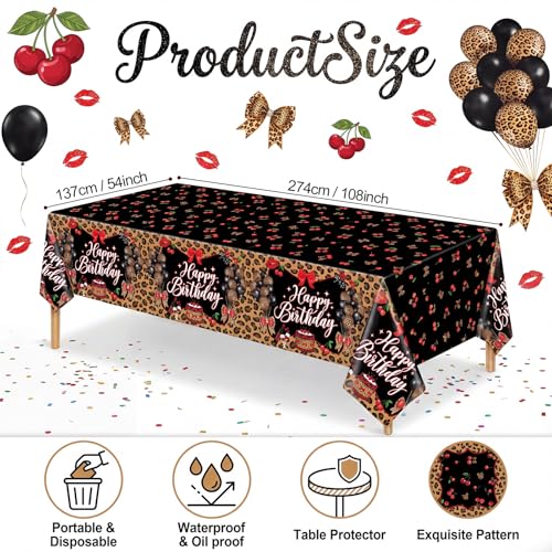 Image of Hahafelt 3 Pcs Cheetah Cherry Disposable Tablecloth Happy Birthday Leopard Table Cover 54 x 108 Inch Plastic Table Cloth Birthday Party Decorations Supplies for Boys Girls Women Men
