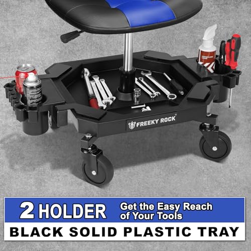 Image of Rolling Stool with Wheels, Adjustable Height Pneumatic Garage Work Mechanic Stool Seat with Backrest, 400 LBS Capacity 360 Swivel Mechanic Crepper Chair with Tool Tray Storage, Blue