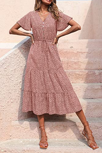 Prettygarden Women's Floral Boho Dress Casual Short Sleeve V Neck Ruffle Tiered 2023 Summer Swing Maxi Dresses(Brick Red Floral,Medium) #TOP2
