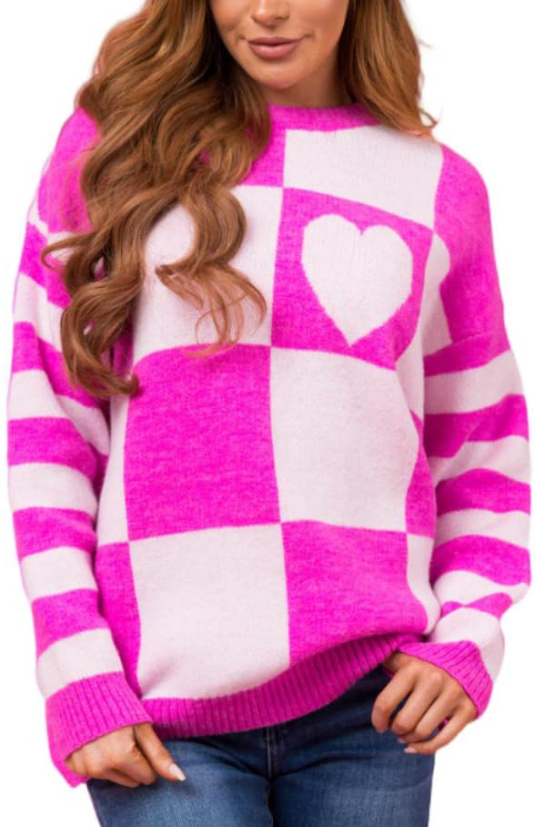 Women Checkered Holiday Oversized Sweater Cute Plaid Print Crewneck Sweatshirt Y2k Knit Puff Sleeve Chunky Jumpers