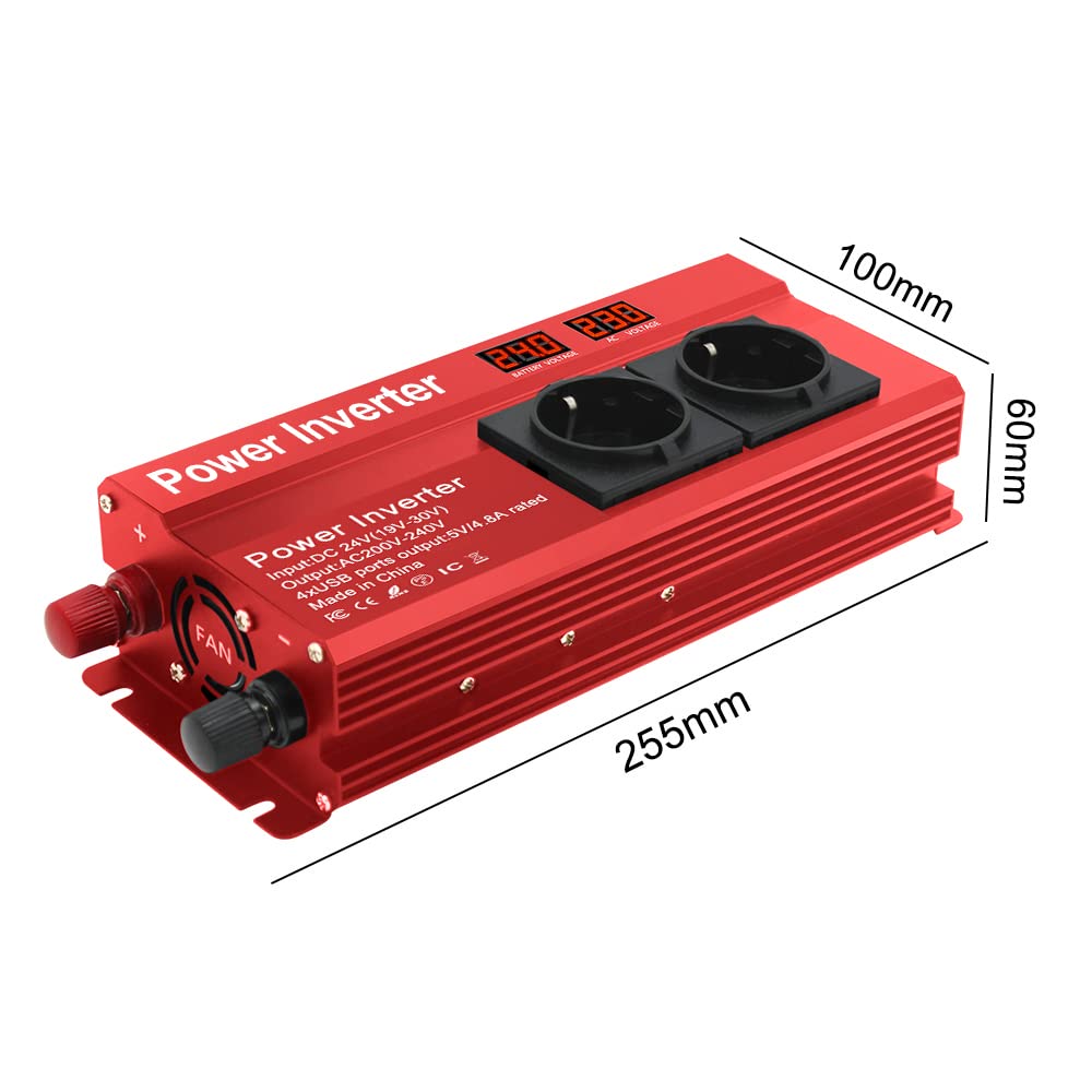 LVYUAN Wechselrichter 24V 230V 2000W Spannungswandler mit 3 Steckdose und 4 USB LED Spannungsanzeige