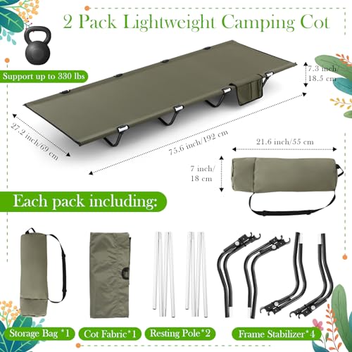2-Pack-Lightweight-Cots-Backpacking-Cot-Supports-330-Lbs-Sleeping-Cots-for-Adults-Easy-Assemble-Portable-Folding-Cot-with-Carry-Bag-Military-Compact-Cots-for-Camping-Travel-Hiking