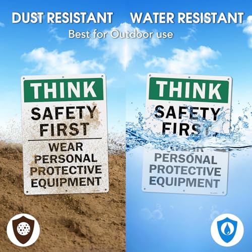 Image of T&R Large Think Safety First Sign Wear Personal Protective Equipment - 14 x 10 Inches Rust Free .040 Aluminum Reflective - UV Protected, Waterproof and Fade Resistant - 6 Pre-drilled Holes