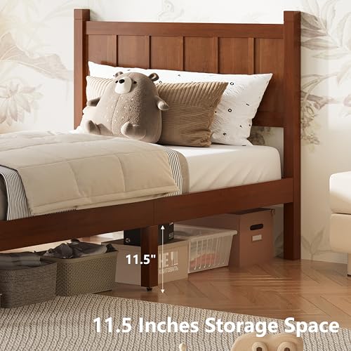Image of Twin Size Vintage Bed Frame with Headboard, Farmhouse Wooden Platform Bed with Under-Bed Storage, Minimalist Modern Wood Grain Finish Bedframe for Bedroom (Dark Walnut)