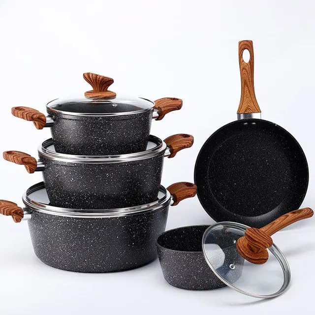 Q-NATIC Nonstick Granite Cookware Sets, 08 Piece Cooking Pan Set, Pots and Pans Set, Non Stick Stone Kitchen Cookware Set with Frying Pans, Granite Nonstick Pots and Pans Set