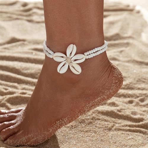 Image of Atiptu Natural Shell Anklets for Women Boho Beaded Ankle Bracelets Cowrie Shells Flower Waterproof Beach Vacation Foot Jewelry
