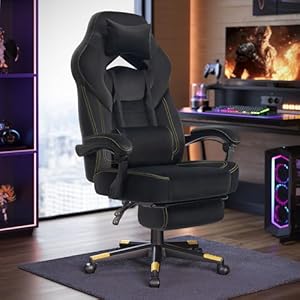 SONGMICS Gaming Chair, Office Computer Chair, Ergonomic Design, with Footrest, Adjustable Headrest, Lumbar Support, 150 kg Load Capacity, Ink Black OBG077BH20