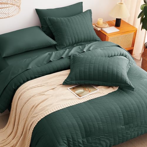 Image of CozyLux Oversized Queen Comforter Set with Sheets, 7 Pieces 98 inchx98 inch Forest Green Seersucker Bed in a Bag, Soft Bedding Set with Down Alternative Comforter, Sheets, Pillowcases & Shams, Bedroom Bed Set