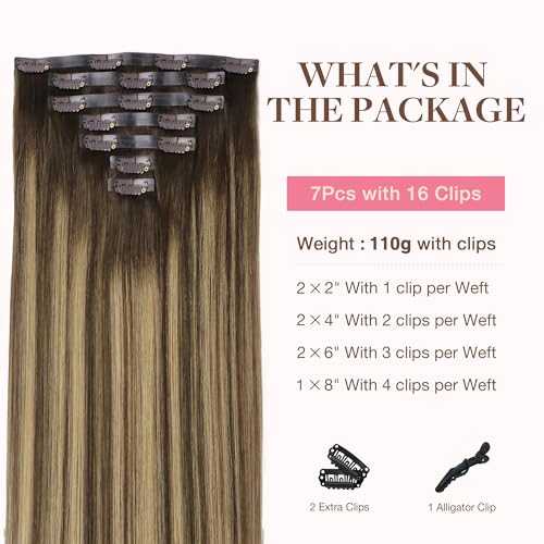 Image of GOO GOO Clip in Hair Extensions Real Human Hair, Remy Human Hair Extensions Clip ins for Women, Natural Human Hair, 16inch 110g 7Pcs, 4 /27 /4 Balayage Chocolate Brown to Caramel Blonde