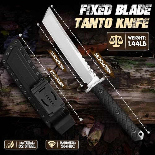 Purple Dragon Japanese Fixed Blade Knife with Sheath - D2 Steel Tanto Knife, Cool Survival Knives with Full Tang Handle, Camping Knives for Bushcraft Outdoor, Gifts for Men
