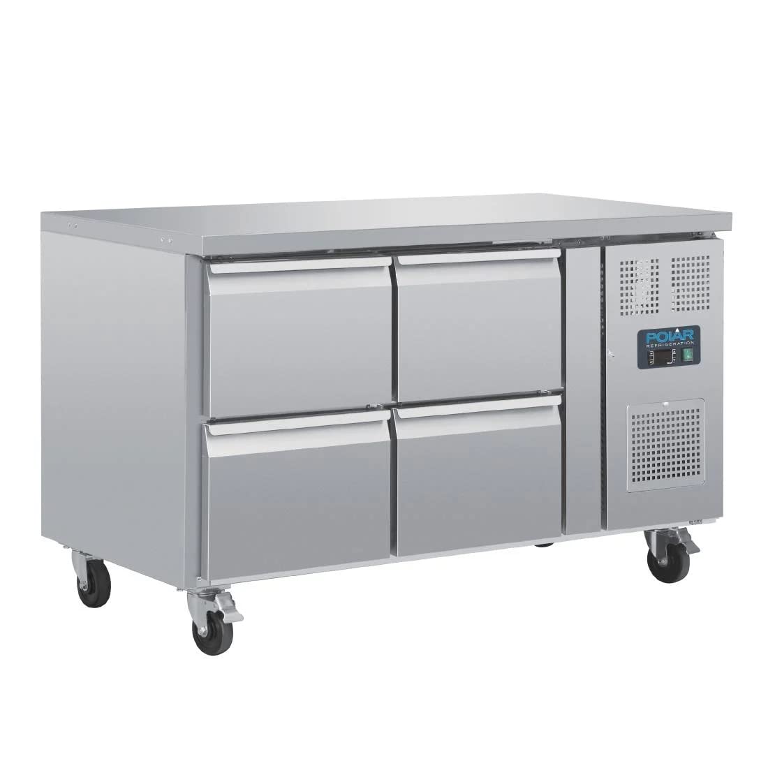 Polar Refrigeration U-Series 300W 4 Drawer Gastronorm Counter Fridge, Stainless Steel, Capacity: 4x 1/1 GN, -2°C to 8°C, 860(H) x 1360(W) x 700(D) mm, Energy Rating B, Lockable Castors, DA547