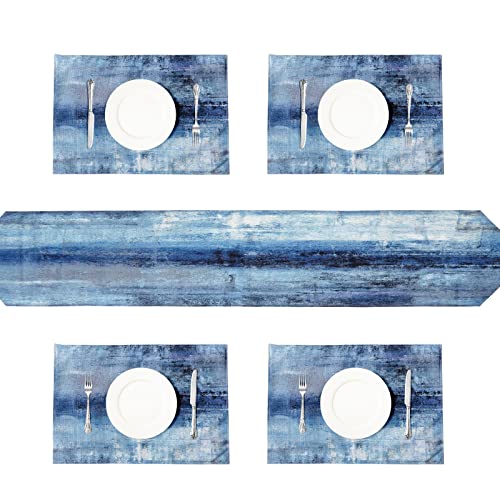 Blaugrauer Tischläufer mit Tischsets, 4er-Set, Moderne abstrakte Kunst, wasserdicht, Sackleinen-Tischläufer, Platzdeckchen-Set für Esstisch, hitzebeständiges Set Cover