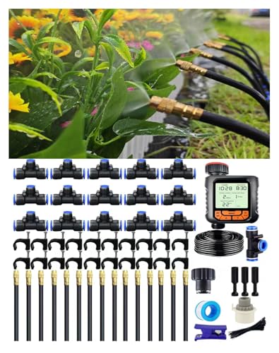 Drip Irrigation System - 360° Adjustable Micro Spray Sprinkler Kit for Garden, Easy Installation No Tools, Fine Mist Watering for Garden Potted Plants, Greenhouse（65FT+15Misting Nozzles+Timer）