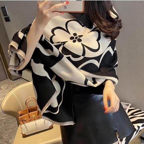 Spring and Summer Sense of Luxury Versatile Camellia Black and White Scarf Warm Shawl4