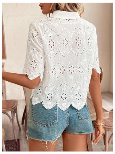 SweatyRocks Women's Short Sleeve Button Down Collared Blouses Embroidery Eyelet Top2