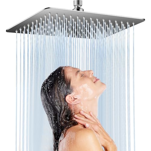 Kezidhp Doccia Soffione Quadrato 30x30 cm in Acciaio Inox 304 - Design Ultra Sottile con 144 Ugelli Anticalcare, Regolazione 360°, Installazione Parete/Soffitto, Pulizia Facile e Durata nel Tempo