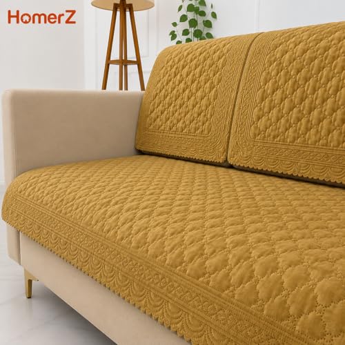 Image of Homerz Premium Petal Charm Sofa Cover | Embossed Floral Pattern | Soft Touch, Anti-Dust & Easy Wash Fabric Cloth, Washable and Durable (Mustard, 6(3+2+1) Seater, Seat Cover with Backrest)