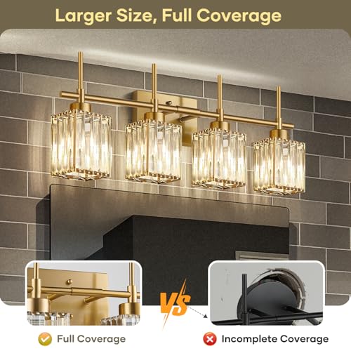 Image of Torondo Modern Crystal Bathroom Vanity Light 4-Lights Brushed Gold Bathroom Light Fixtures Over Mirror Brushed Gold Vanity Lighting Fixtures Square Shade Brass Wall Sconce (Bulbs Not Include)