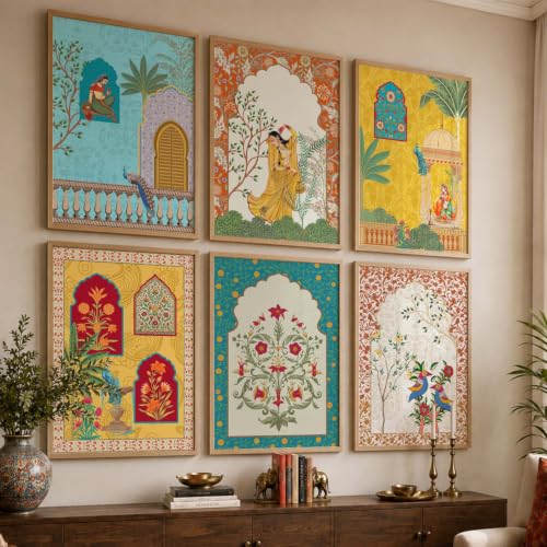 Image of KOTART Aesthetic Traditional Indian Wall Art Madhubani Paintings for Living Room | Pichwai Art Painting for Wall Decoration | Framed Painting for Home Room Bedroom Office Decor | Poster With frames | Paintings For Home Decoration | Indian Decor Frames | set of 6 (E)