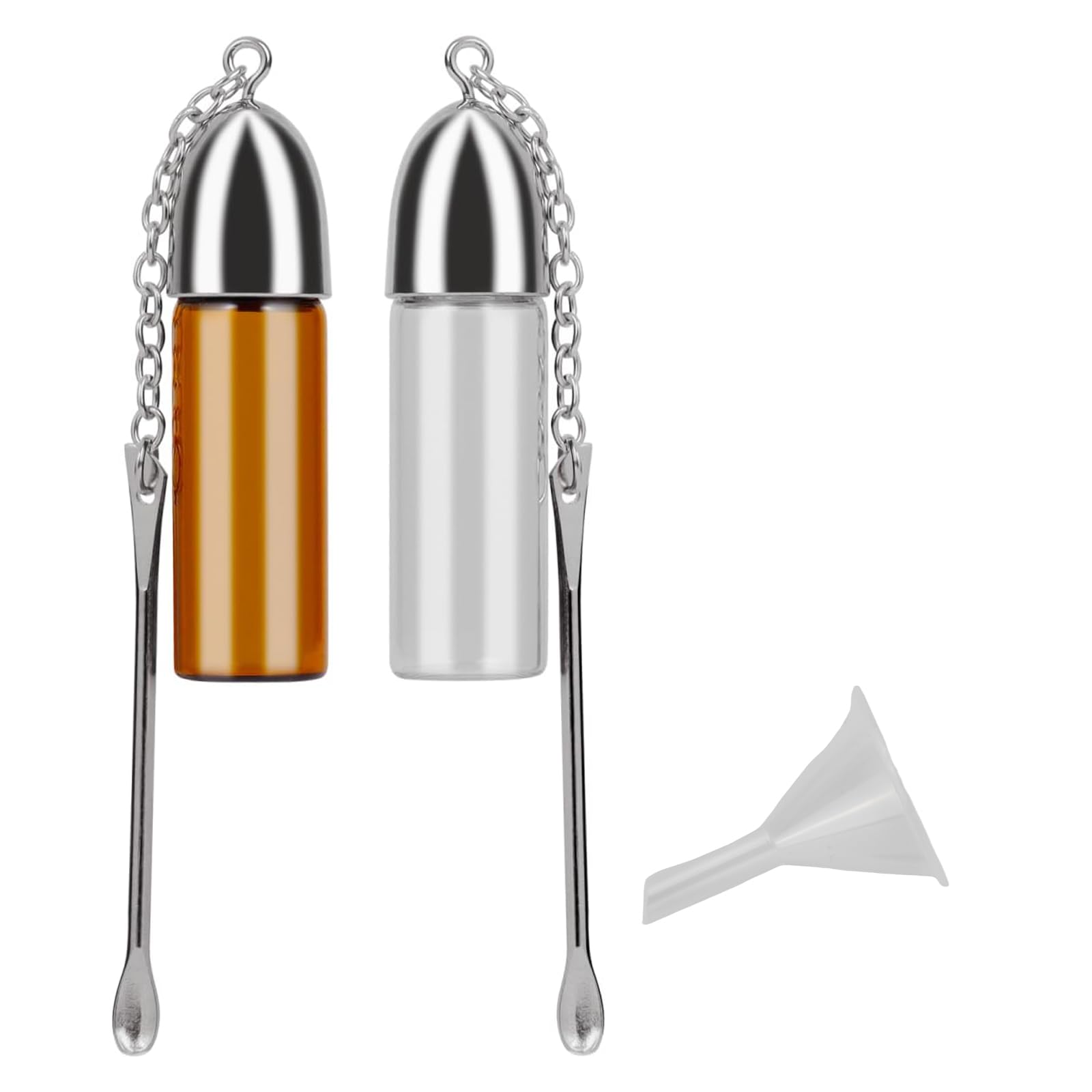 Chstarina 2 Pack Bottles with Spoon, Glass Snuff Bottles, with Small Funnel, Spice Powder Tool, Portable Small Storage Bottle Kit, Pocket Bullet Vial (Clear and Brown)