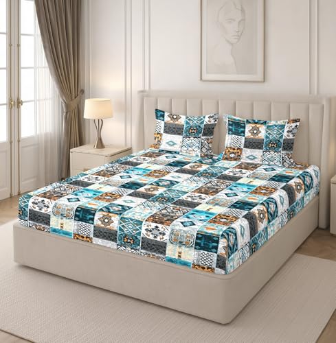 Image of RD TREND Premium Soft Cloud Cotton Bedsheet for Double Bed | Size-90x90 Inches Queen Bedsheets with 2 Matching Pillow Covers (18x28 Inch) Multi Blue