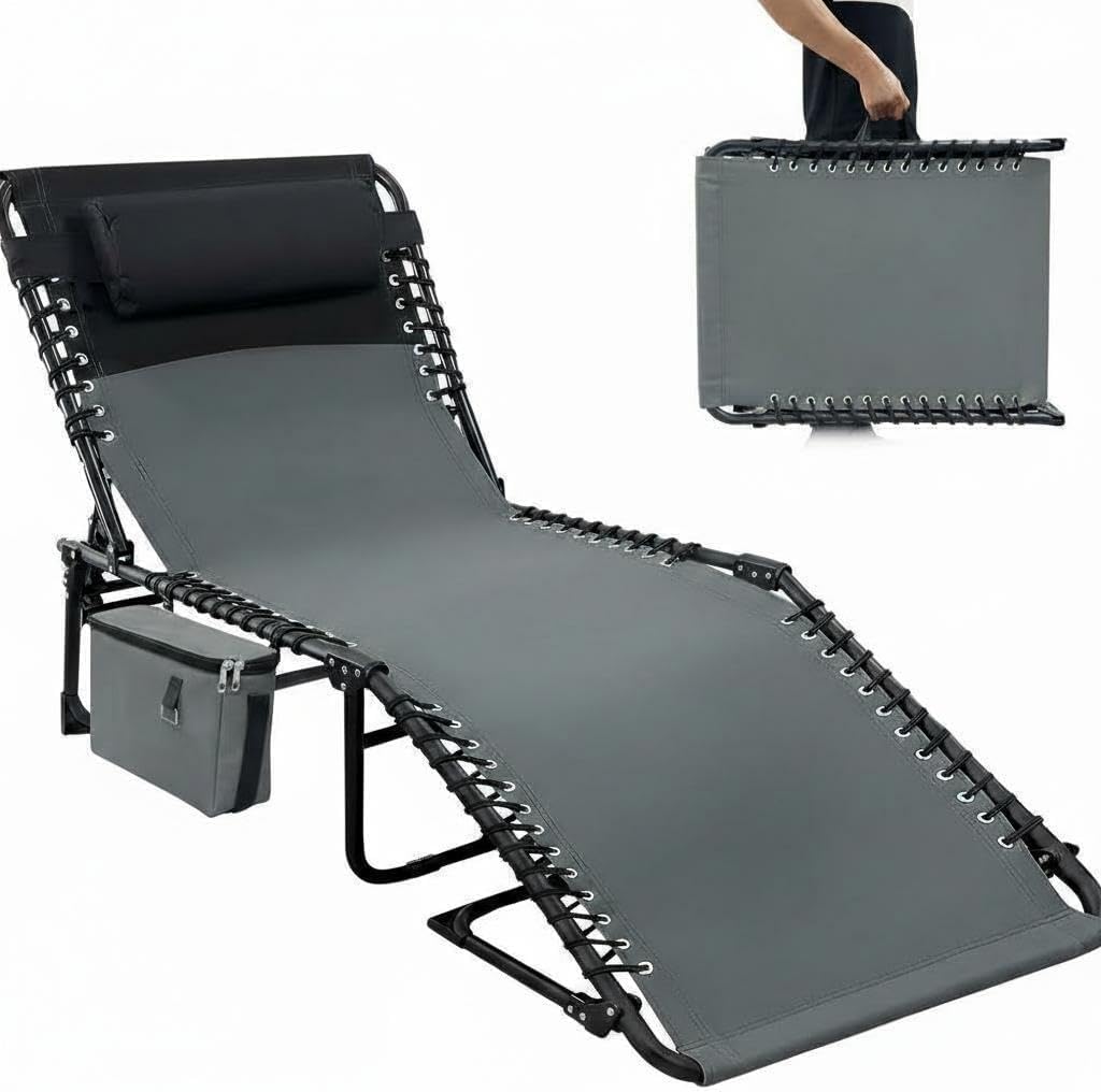 GarveeTech Chaise Lounge Chair Outdoor, 5-Position Adjustable Sun Tanning Chair with Carrying Handle and Side Pocket, Folding Bed Cot with Removable Pillow for Garden, Beach, Patio, Pool, Camp