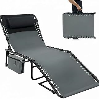 GarveeTech Chaise Lounge Chair Outdoor, 5-Position Adjustable Sun Tanning Chair with Carrying Handle and Side Pocket, Folding Bed Cot with Removable Pillow for Garden, Beach, Patio, Pool, Camp