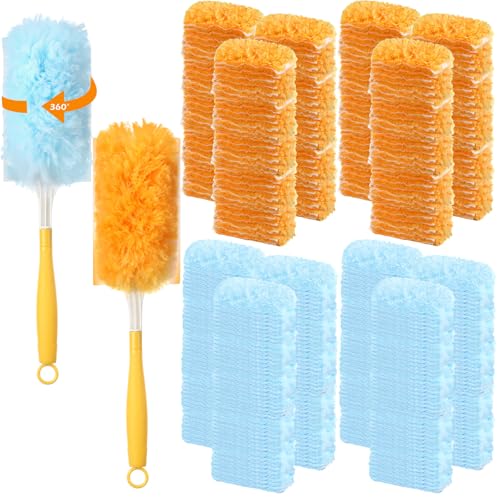 Image of Honeydak 120 Pack Heavy Duty Duster Refills with 2 Handle Compatible with Swiffer Multisurface 360 Larger Size with 4X Microfibers Unscented Disposable Dusting (Blue, Orange)