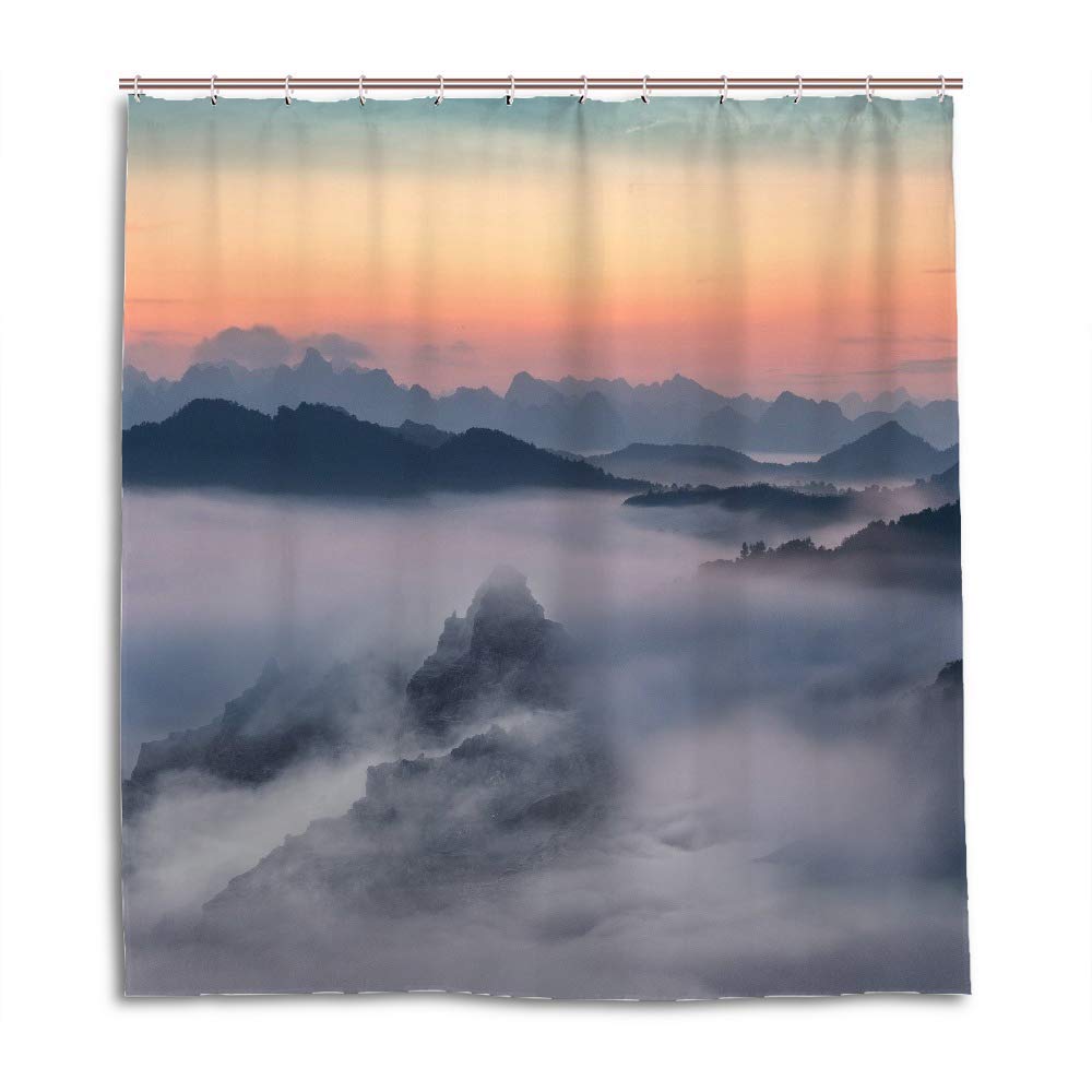 Rideau de douche moderne motif montagne pour salle de bain zen