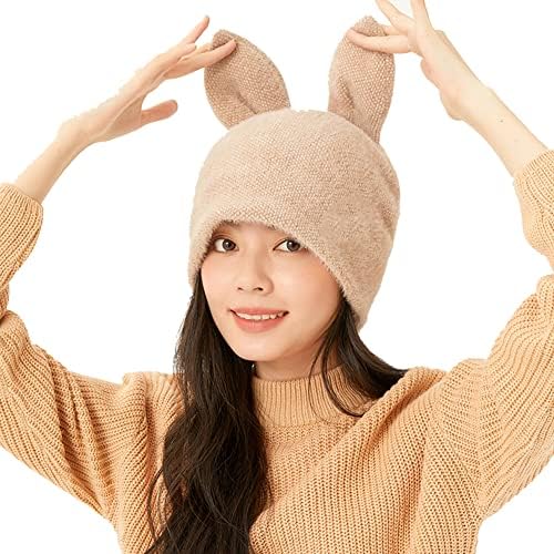 Rabbit Ear Beanie Hat Cute Cable Knit Chunky Winter Beanie Cap for Women Girls SLH2T031, Brown