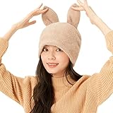 Rabbit Ear Beanie Hat Cute Cable Knit Chunky Winter Beanie Cap for Women Girls SLH2T031, Brown