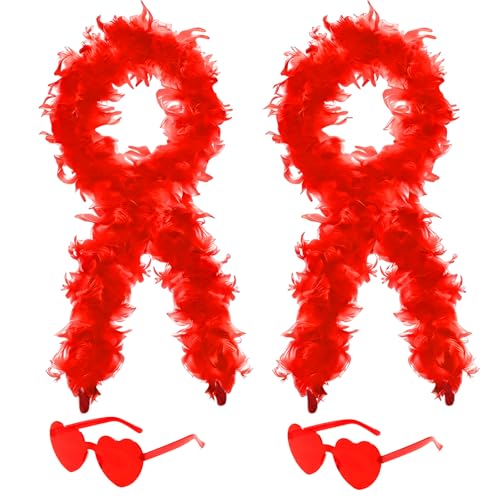 4Pcs Colorful Fancy Dress Feather Boa Set 4ft Feather Boa with Heart Rimless Sunglasses for Women Artificial Fluffy Boa Decorations wit for Dancing Wedding Party Cosplay Halloween (Red)