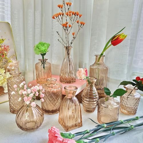 Image of TIED RIBBONS Glass Bud Vases for Flowers - Pack of 10 Amber Antique Glass Centrepiece for Mini Flowers- Antique Collections for Floral Arrangements Home Decorations Item for Home Decor