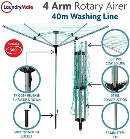 1 Click Buy Heavy Duty 4 Arm Rotary Airer Clothes Garden Washing Line Dryer Folding Outdoor 40m Airer/Dryer With Ground Spike Or Socket And Waterproof Protective Cover, Silver