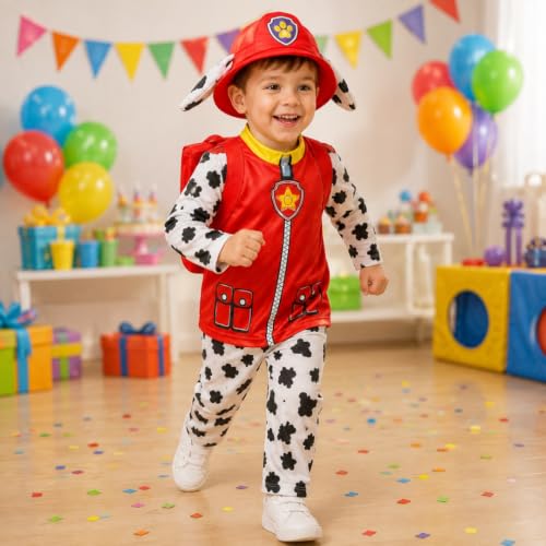 Image of WANNA PARTY Cute Cartoon Paw Chase Marshall Costume with red backpack for Boys for Birthday Outfit,Halloween, Pretend Play Costume Dress for Boys.Size-3 to 5 years